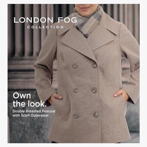 London Fog Women's Beige Double Breasted Peacoat with scarf